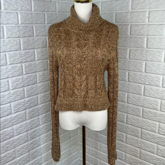PILCRO Anthropologie Gold Sparkle Turtleneck Cable Knit Crop Sweater Size SM - Picture 2 of 13